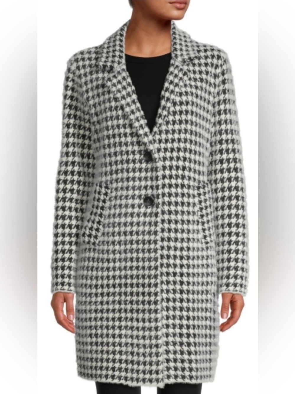 Max Studio Jacquard Sweater Coat, Black/White Knitted Herringbone